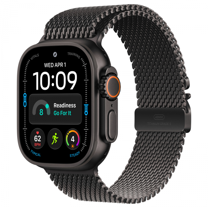 Apple Watch Ultra 4 49mm, Black Titanium, Titanium Milanese Loop, S